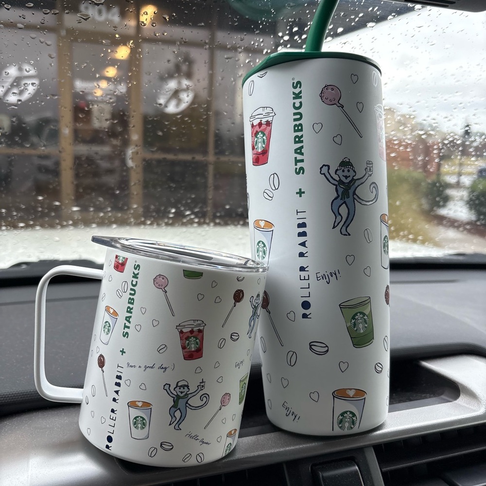 Roller Rabbit White Tumbler and Mug Set with Green Accents